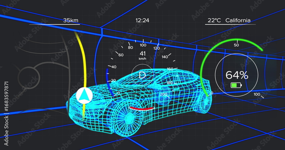 Poster displaying wireframe sedan moving in virtual tunnel with speedometer and navigation arrow