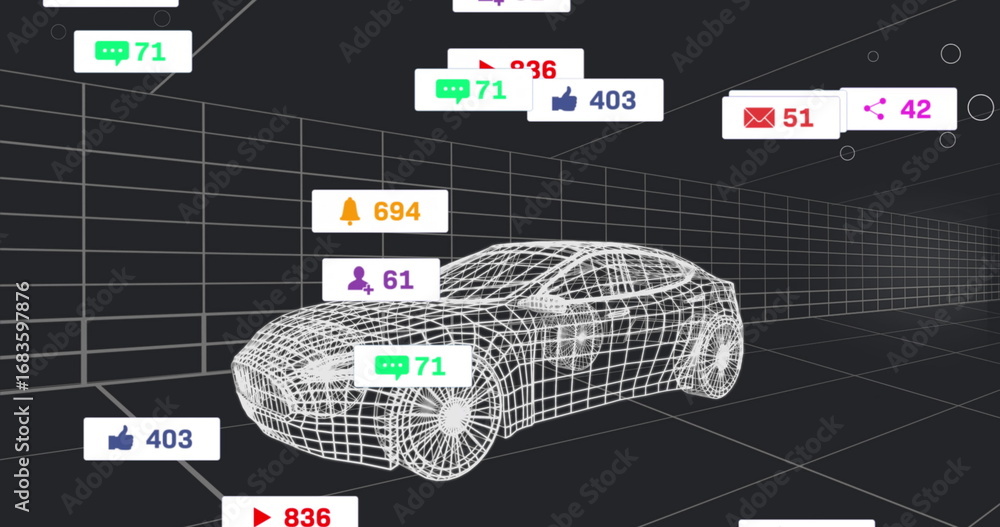 Poster floating social media icons hovering around 3d wireframe car model in virtual grid, with metrics