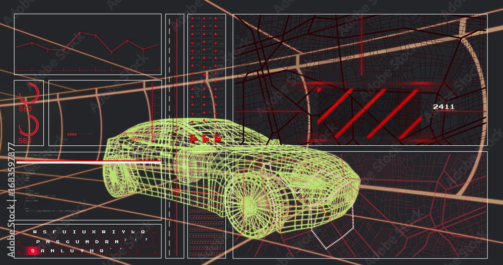 Aufkleber overlaying neon green wireframe car model over hud interface, with line charts and numeric readouts