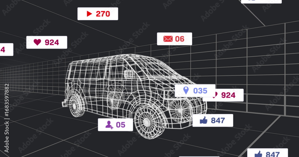 Poster displaying wireframe van model floating inside virtual 3d grid tunnel, hovering social media icons