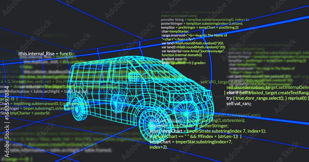Poster presenting 3d turquoise van model rotating in virtual interface, with neon blue grid and code