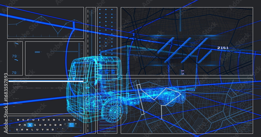 Aufkleber displaying futuristic dashboard showing 3d wireframe truck model on spatial grid, with data panels