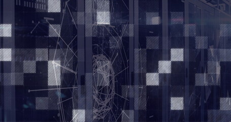 Network visualization streaming data in server rack, translucent squares and node connections