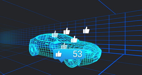 Neon blue wireframe sports car glowing in 3D grid, with thumbs-up icons and 53 like badge