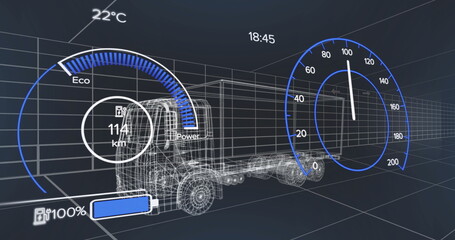 Displaying 3D truck wireframe rotating on 3D grid, with eco–power, range and battery indicators