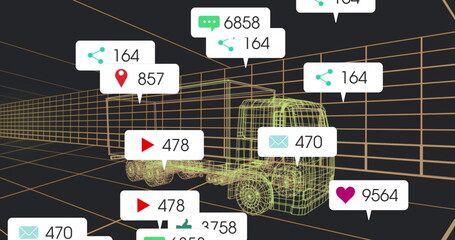 Displaying wireframe truck trailer model in virtual 3D grid space, with annotation boxes and icons