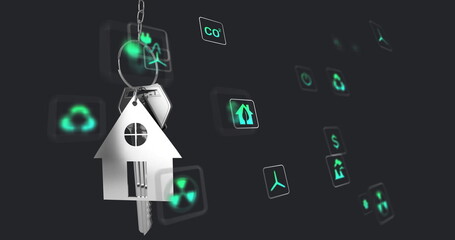 Hanging house-shaped keychain and silver keys on digital backdrop with neon green icons, copy space