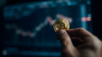Hand holding a gleaming Bitcoin coin against a blurred background displaying a dynamic financial market trend chart