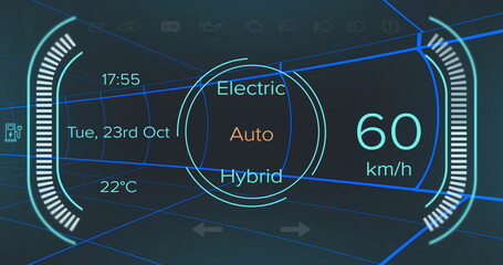 Dashboard interface displaying 60km or h speedometer in UI, with mode selector, temperature and icon