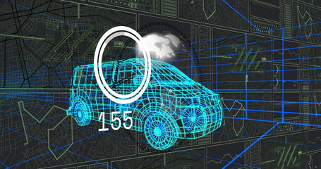 Displaying neon blue 3D wireframe SUV model in HUD interface, with numeric 155 and map overlay