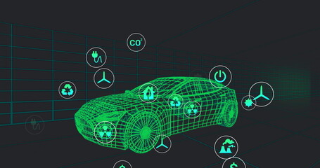 Hovering neon green 3D wireframe car spinning in virtual grid chamber, with floating energy icons