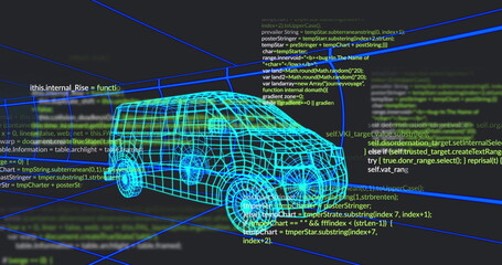 Presenting 3D turquoise van model rotating in virtual interface, with neon blue grid and code