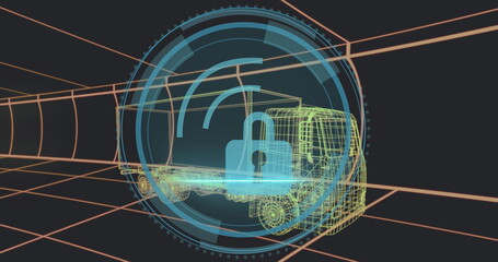 Presenting wireframe cargo truck traveling through virtual tunnel with padlock icon and HUD circles