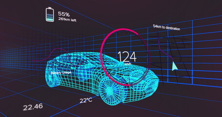 Cruising 3D cyan wireframe sports car on virtual grid plane, with speed gauge and battery readouts