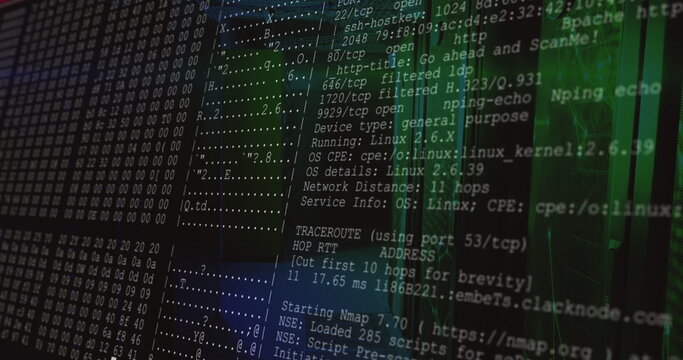 Displaying terminal showing Nmap scan on dark screen, with TCP ports, hex dump, green code stream