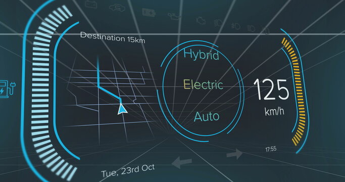 Displaying head-up display interface over 3D grid, with route arrow, speedometer, date and time