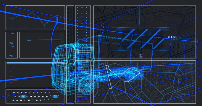 Displaying futuristic dashboard showing 3D wireframe truck model on spatial grid, with data panels