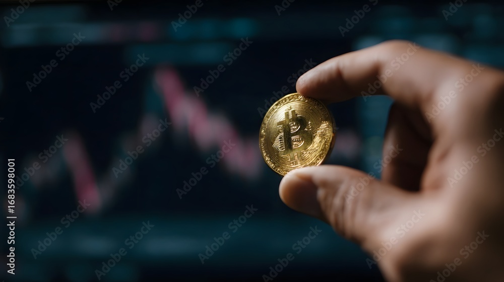 Poster hand holding a golden bitcoin coin with a blurred digital screen displaying a dynamic financial tren