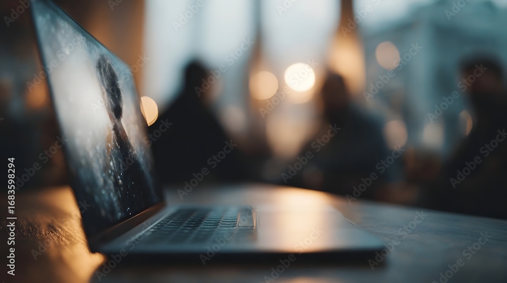Aufkleber modern laptop displaying a digital image on a wooden table set against a softly blurred background o
