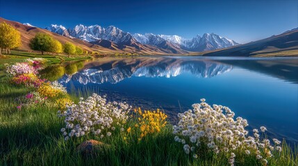 Fototapeta premium Serene Mountain Lake Reflecting Snow-Capped Peaks and Vibrant Wildflowers in a Picturesque Alpine Landscape