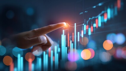 Hand interacting with financial chart overlay