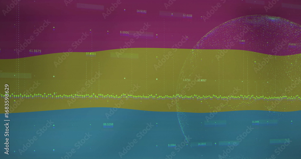 Aufkleber displaying three data bands in abstract plot, with central dotted line, labels and dotted sphere