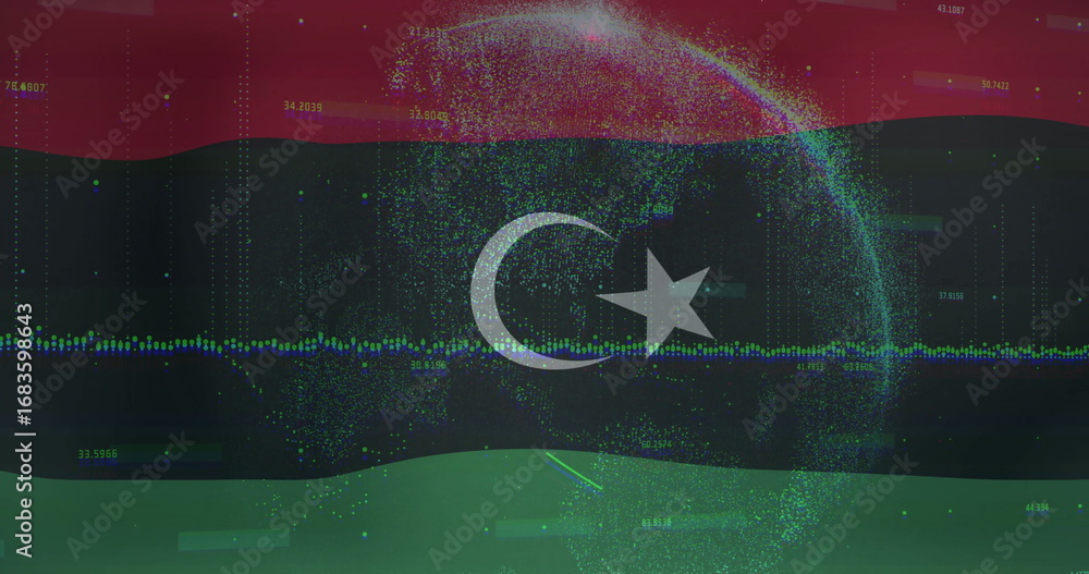 Fototapete point-cloud globe floating over libya flag backdrop, with waveform numeric overlays and grid lines