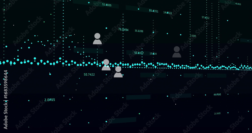 Poster displaying teal data points trend line moving on screen, with grey user icons, numeric labels