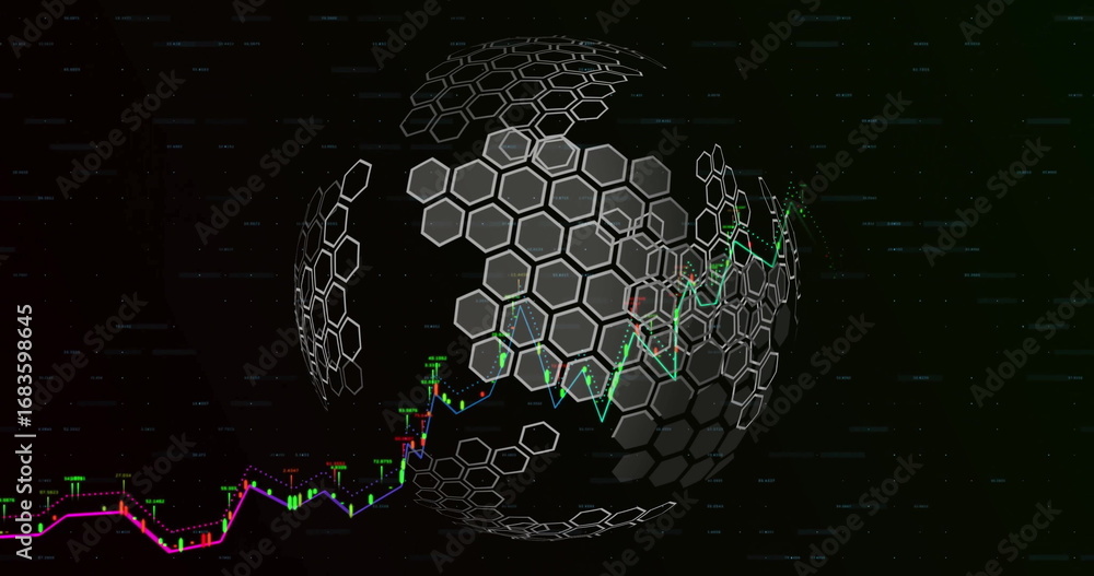 Poster displaying 3d hexagonal sphere pulsing in digital data realm, with candlestick bars and trend line