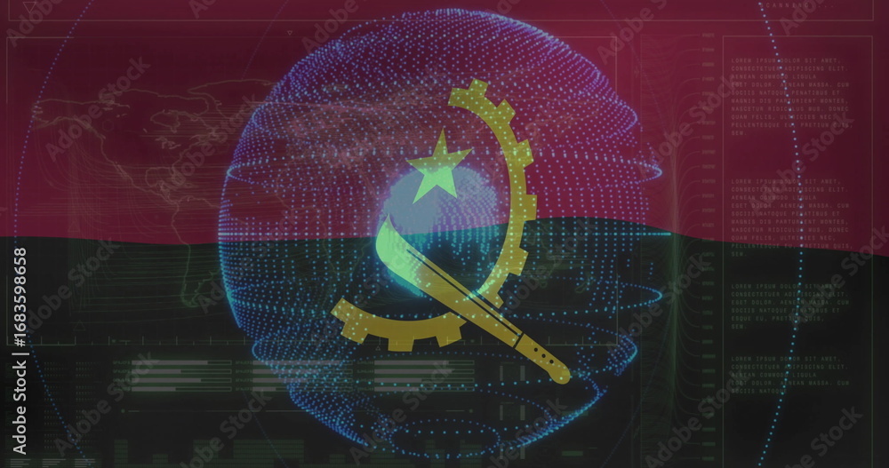 Aufkleber rotating neon sphere displaying angolan emblem in digital interface, with map overlay code lines