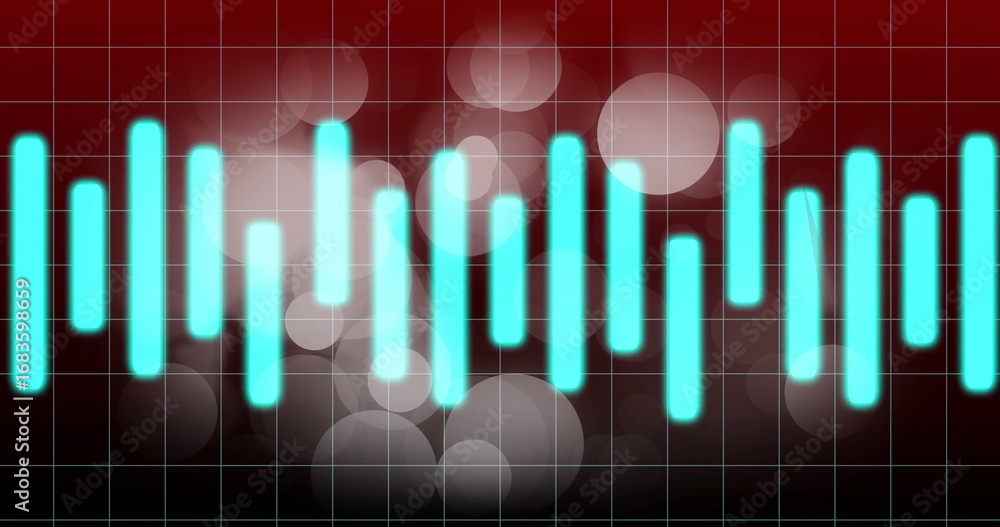 Aufkleber pulsing cyan equalizer bars fluctuating at digital interface, with red grid lines and bokeh orbs