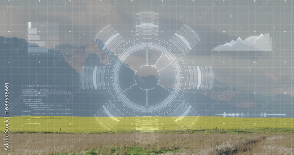 Aufkleber circular hud interface overlaying rural farmland, with radial segments, charts and code snippet