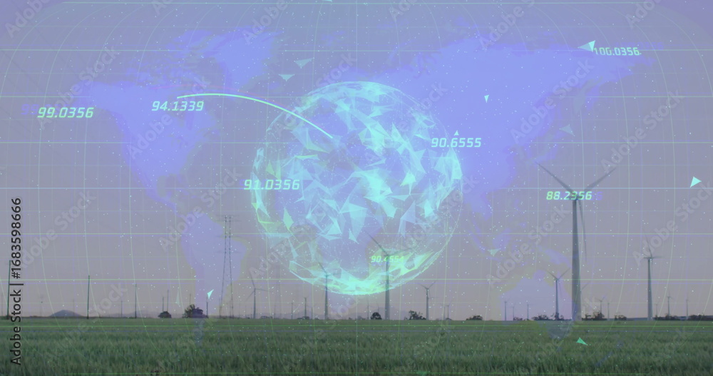 Aufkleber displaying holographic globe showing numeric data flows over grass field with wind turbines, towers