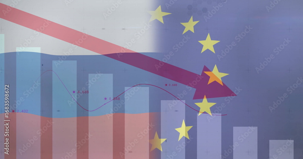 Poster declining red arrow crossing translucent charts in digital graphic, with eu stars and flag shapes