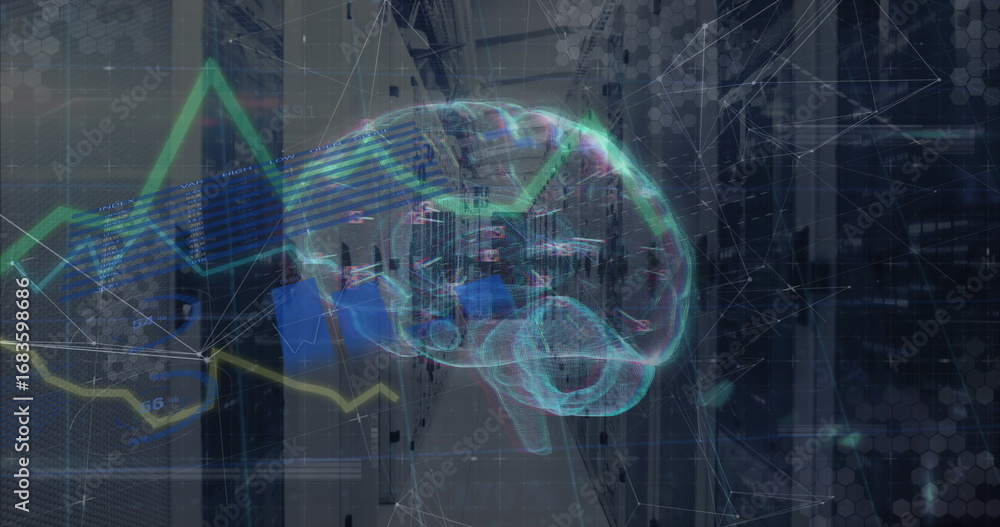 Aufkleber hovering holographic brain illuminating data center corridor, with server racks and network nodes