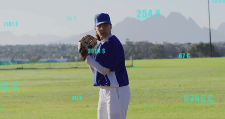 Preparing Hispanic pitcher gripping ball on field, with glove, cap and currency overlays