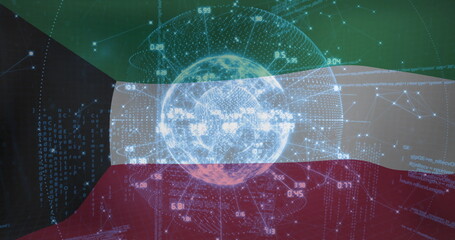 Displaying Kuwaiti flag in cyberspace featuring holographic globe with floating code, network nodes