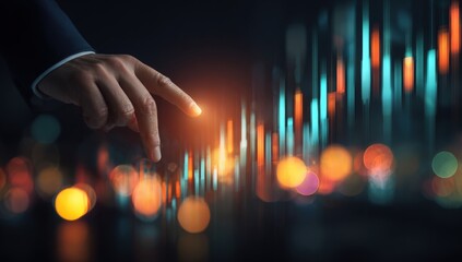 Hand pointing at glowing financial data