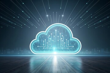 Glowing neon blue cloud icon with digital circuit patterns representing cloud computing and data storage technology