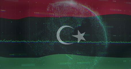 Point-cloud globe floating over Libya flag backdrop, with waveform numeric overlays and grid lines