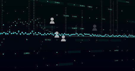 Displaying teal data points trend line moving on screen, with grey user icons, numeric labels