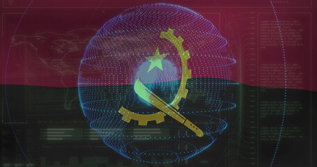 Rotating neon sphere displaying Angolan emblem in digital interface, with map overlay code lines