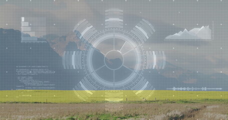 Circular HUD interface overlaying rural farmland, with radial segments, charts and code snippet
