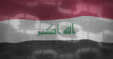 Displaying Iraqi flag with Kufic script in digital backdrop featuring code and circuit lines