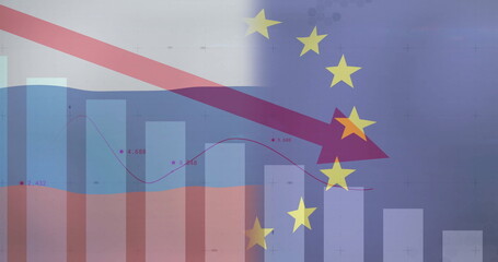 Declining red arrow crossing translucent charts in digital graphic, with EU stars and flag shapes