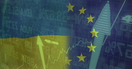 Displaying finance overlay on grid screen, with upward zigzag arrows, Ukrainian flag, yellow stars