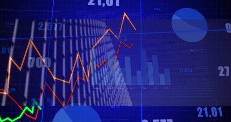 Finance dashboard displaying market trends in office, with line, bar and pie charts and data labels