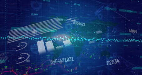 Visualizing financial data on futuristic dashboard, with bar and line charts and numeric overlays