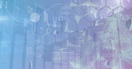 Data dashboard displaying translucent bar charts, line graphs and network nodes on control panel