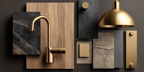 Interior design mood board featuring gold faucet, natural wood, stone and metallic accents for luxurious renovation projects